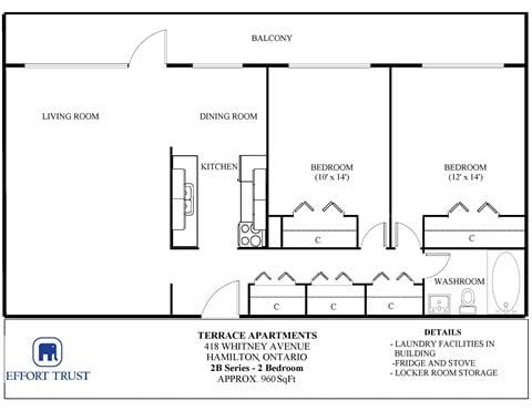 Floor plan for 2 beds, 1 bath, 900 sqft